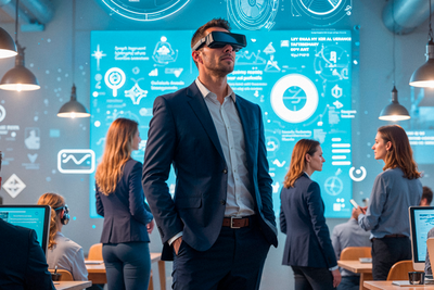 Businessmann mit 3-D-Brille, im Hintergrund ein blauer Bildschirm mit virtuellen Daten