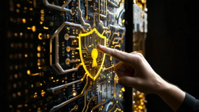 Cyber-Resilience Finger zeigt auf ein goldenes Schloss auf Schaltkreis