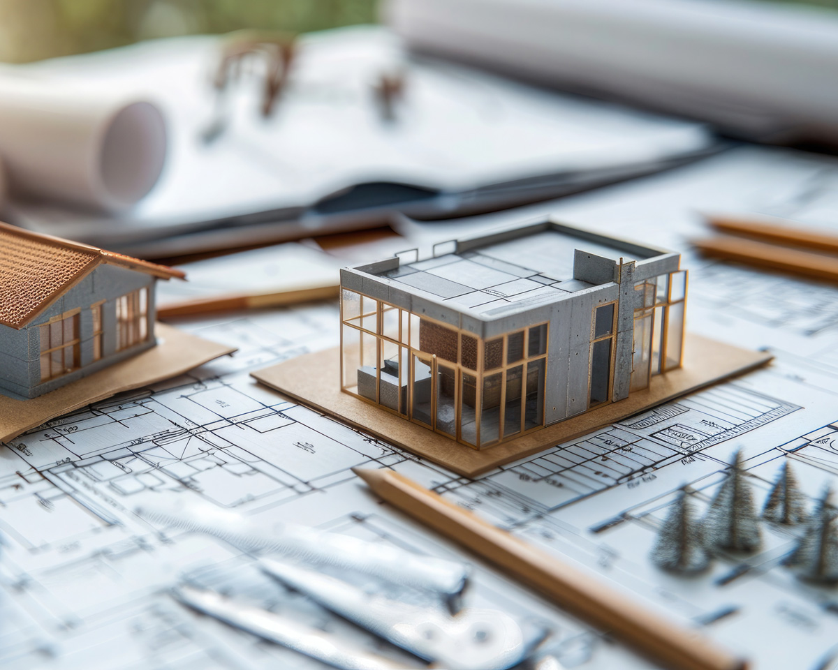 Bauplan mit Häusermodellen